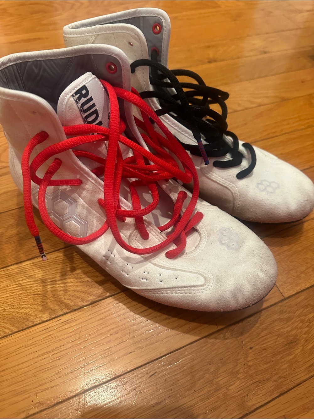 Rudis White High-Top Boxing Shoes with Red and Black Laces